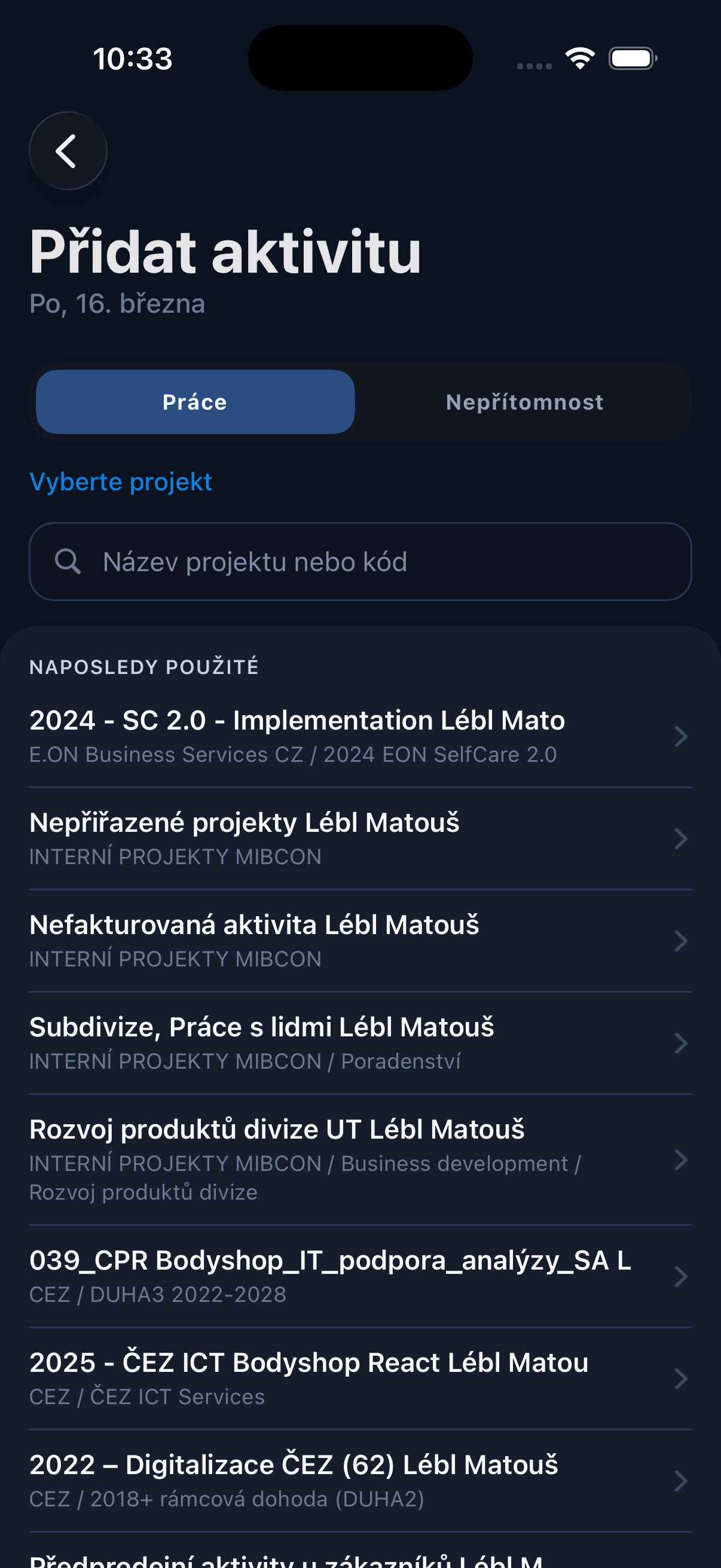 Add activity - project selection